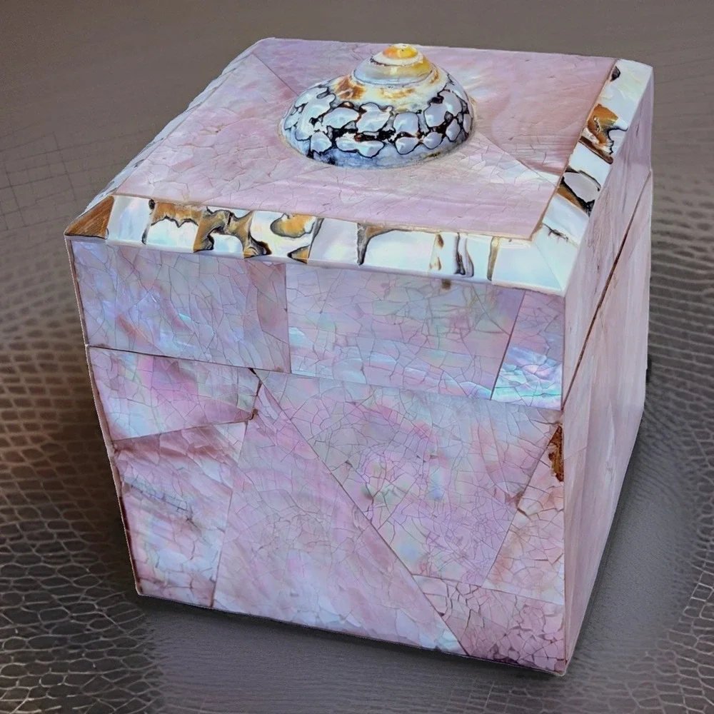 VTG Gumps San Francisco Jewelry Box Pen Shell Tiger Regency Vanity Pink Pearl
